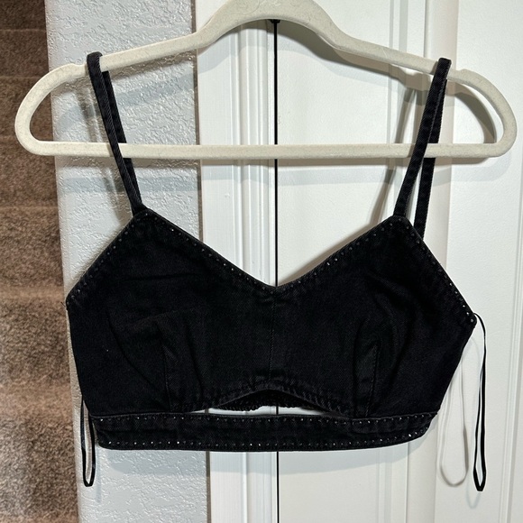 ZARA RHINESTONE DENIM CUT OUT GRAY CROP TOP - Picture 2 of 9